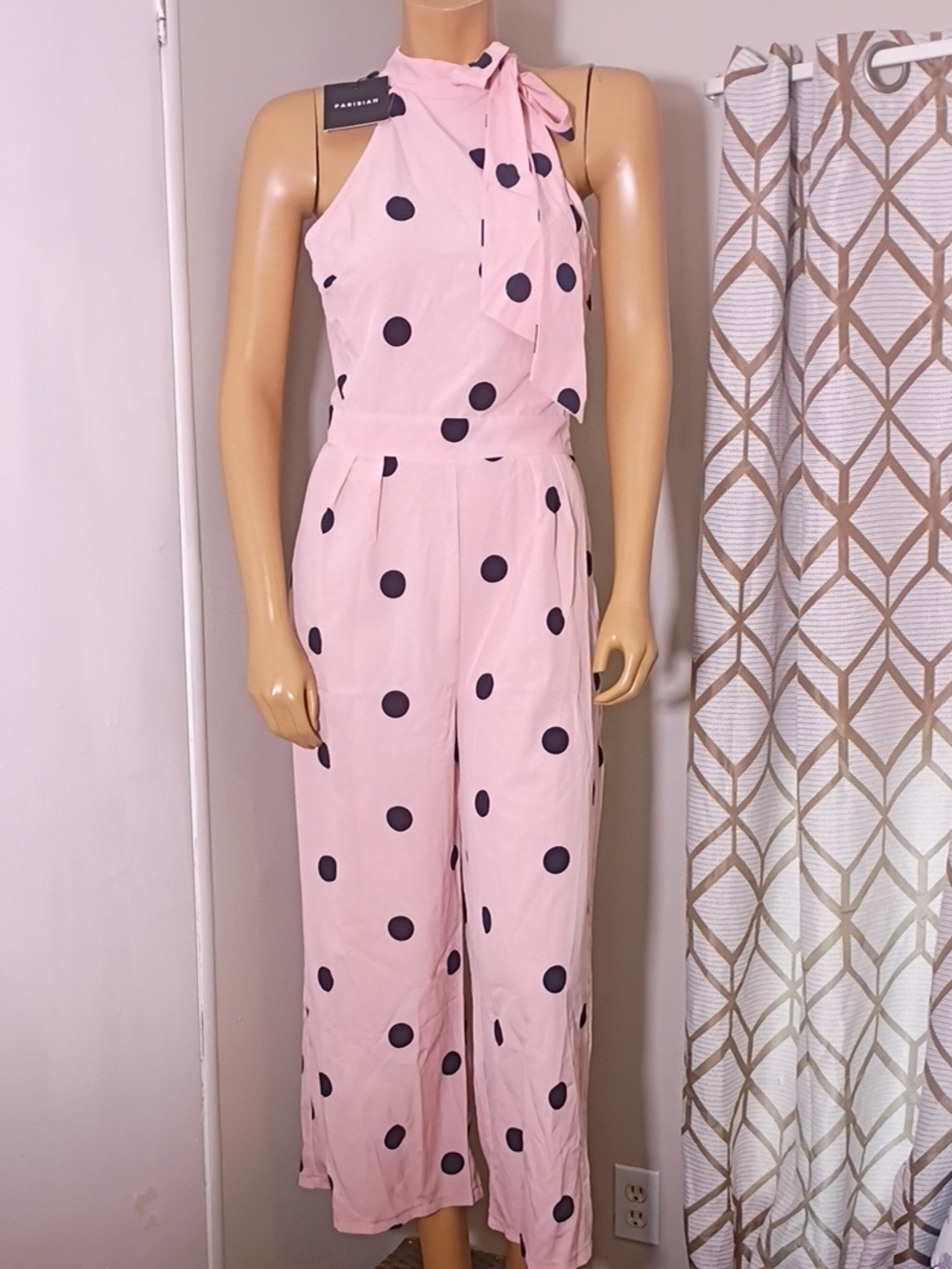 Parisian Pink Polka Dot Tie-Neck Jumpsuit